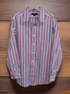 Daniel Cremieux Men’s Blue, Red & White Vertical Stripe Dress Shirt-L-EC